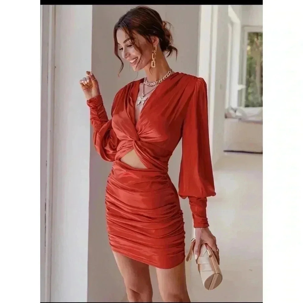 Glamaker Twist Front Ruched Satin Mini Dress Size L